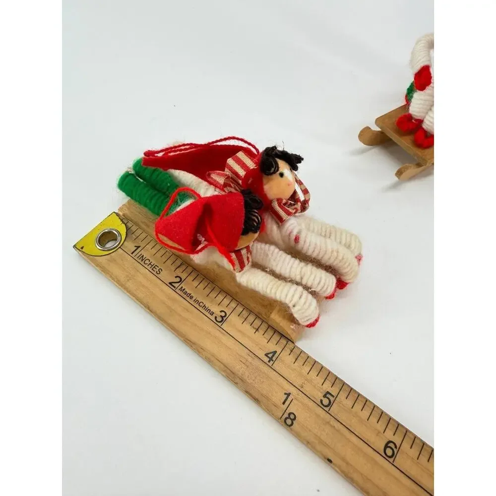 Vintage Taiwan Christmas Yarn Doll Children Wooden Sled Holiday Figurine Set